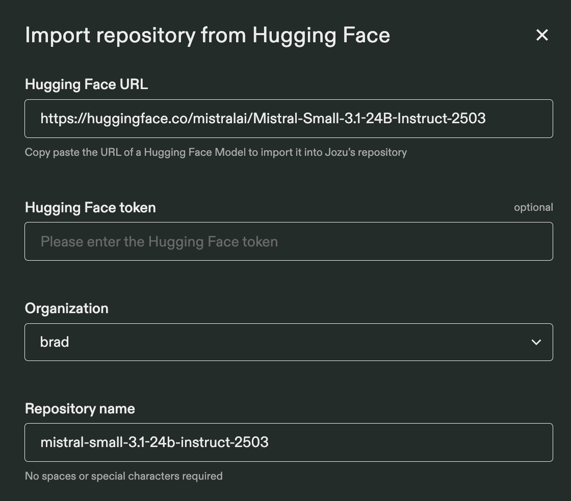 The import from Hugging Face form makes it easy to package models for sharing or distribution
